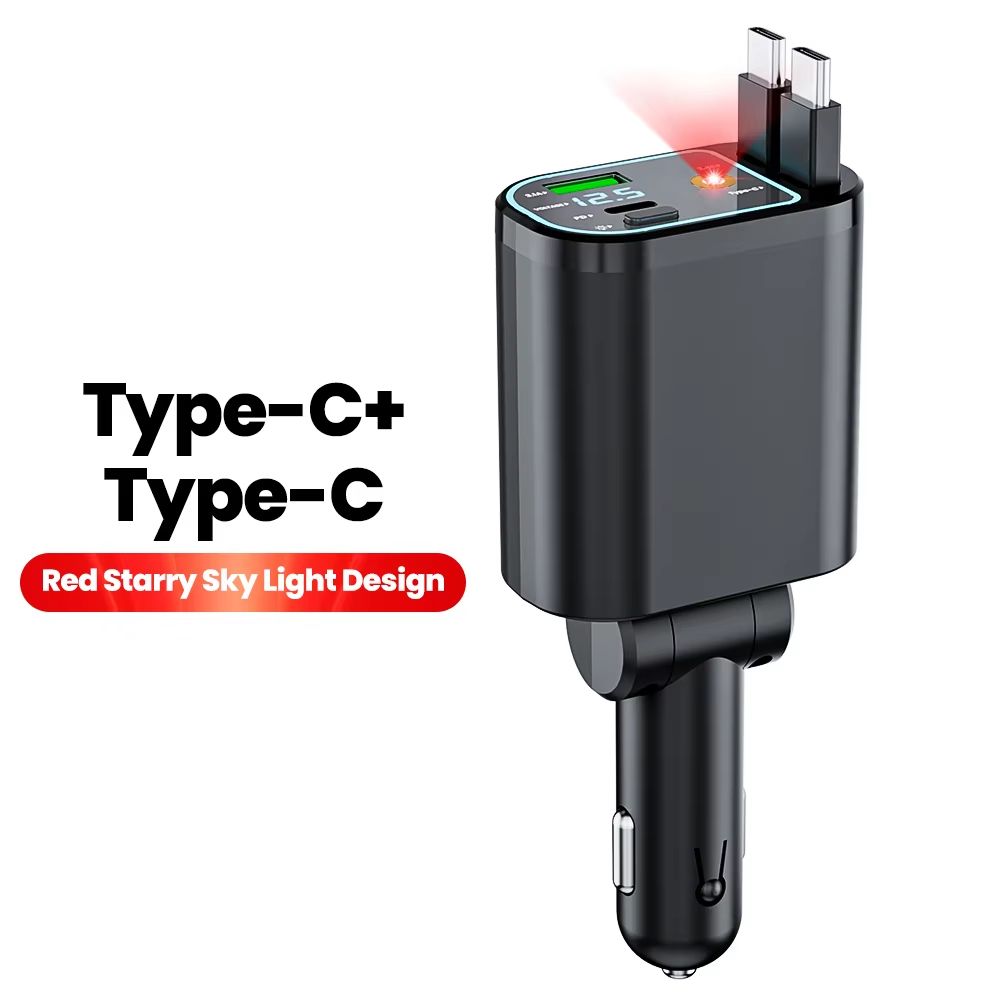 4 in 1 Retractable Car Charger With Dual Built In Cables and Star Light Effect