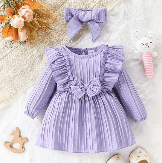 Purple Ruffled Baby Girl Dress with Butterfly Detail & Matching Headband – Long Sleeve Butterfly Baby Dress for Infants