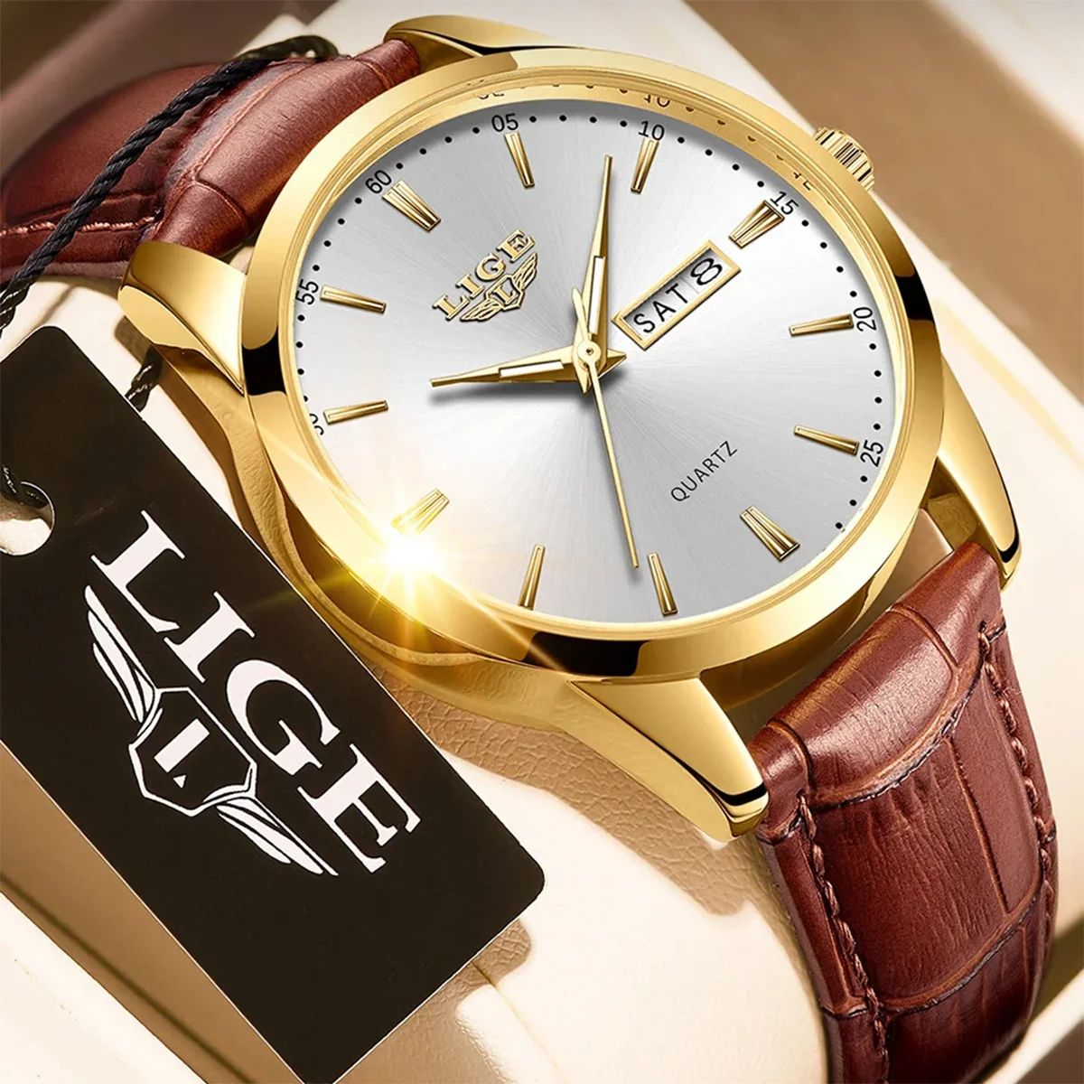 LIGE Executive Waterproof Men's Leather Quartz Watch with Luminous Date & Week Display