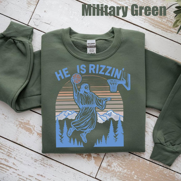 He Is Rizzin Basketball Sweatshirt – Funny Jesus Meme Streetwear Crewneck, Viral Faith Basketball Graphic Pullover