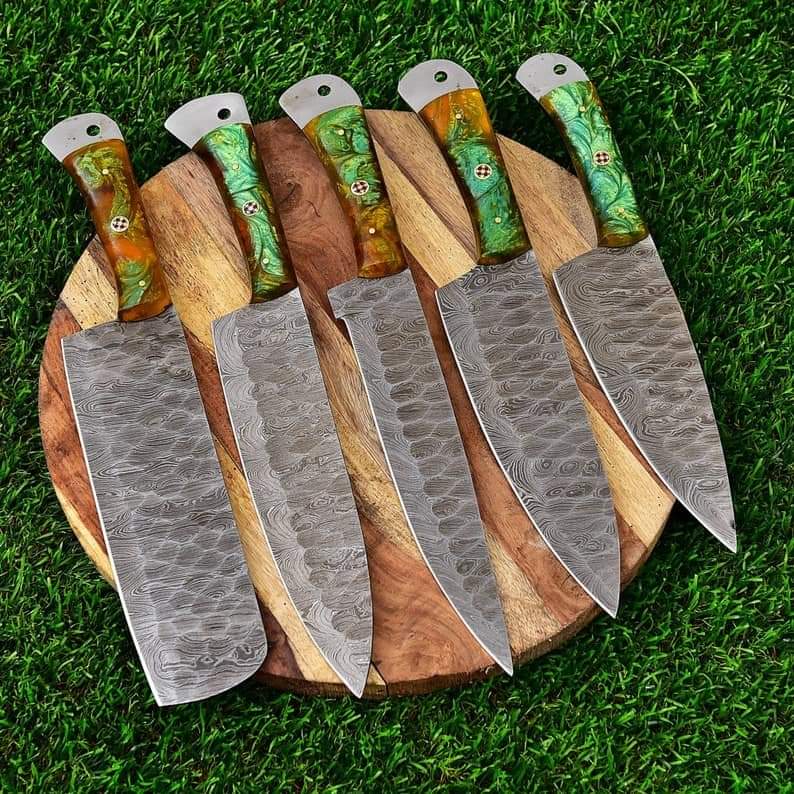 Carbon steel Chef Set Of 5 Pieces ,Custom Handmade Chef Set , Handmade Damascus Chef Set
