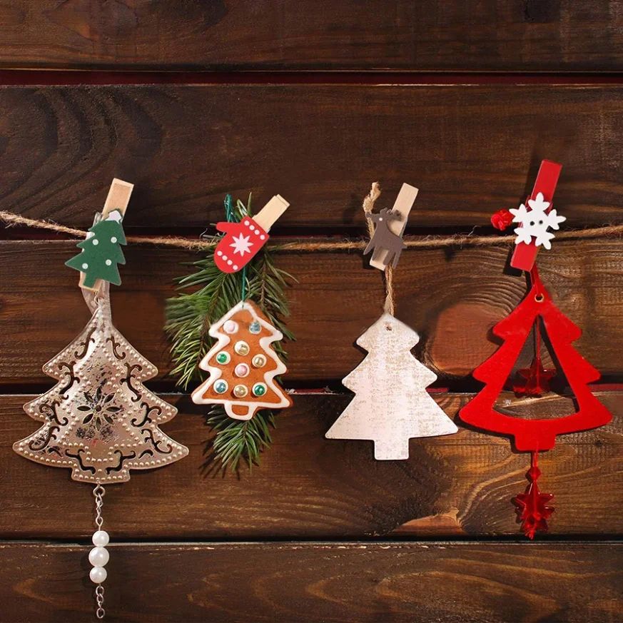 Mixed Style Christmas Wooden Photo Clips – Festive Clothespin Pegs with Elk, Snowflake & Tree Designs for Holiday Decor