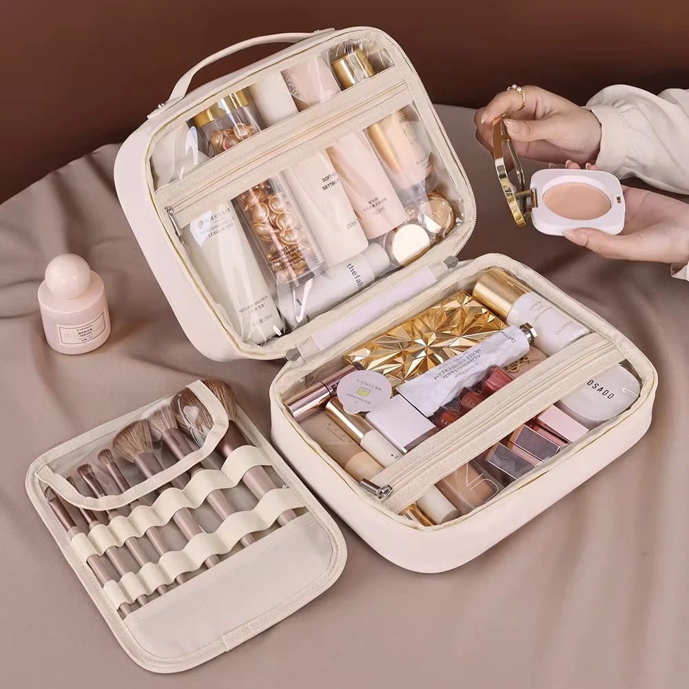Multi-Compartment Toiletry Cosmetics Bag, Water-Resistant PU Leather Travel Organizer, Anti-Wear Design