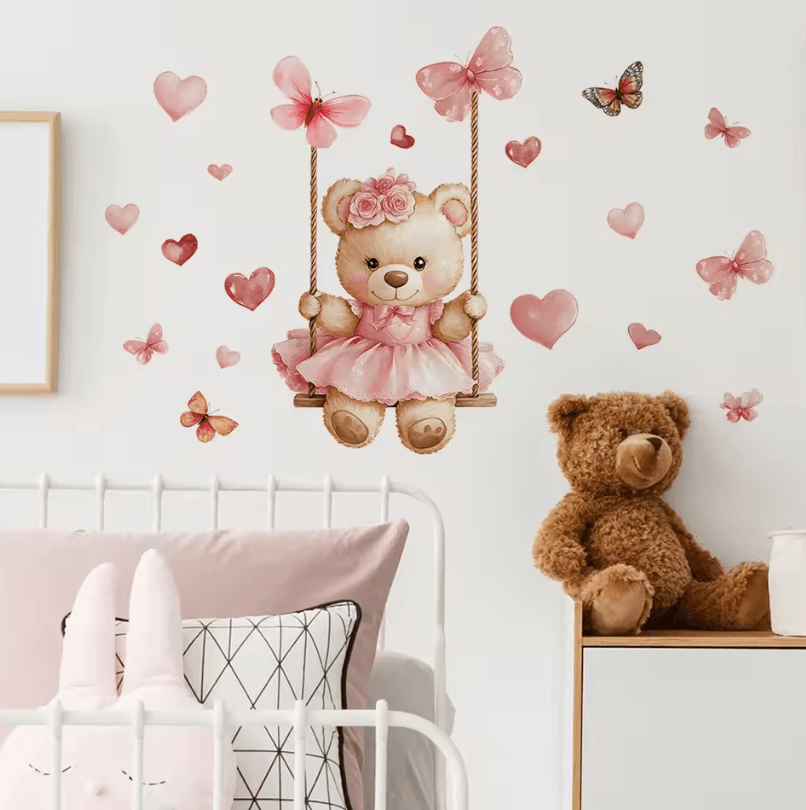 Cute Bear Swing Wall Stickers with Butterflies – Peel & Stick Kids Room Decor Decals
