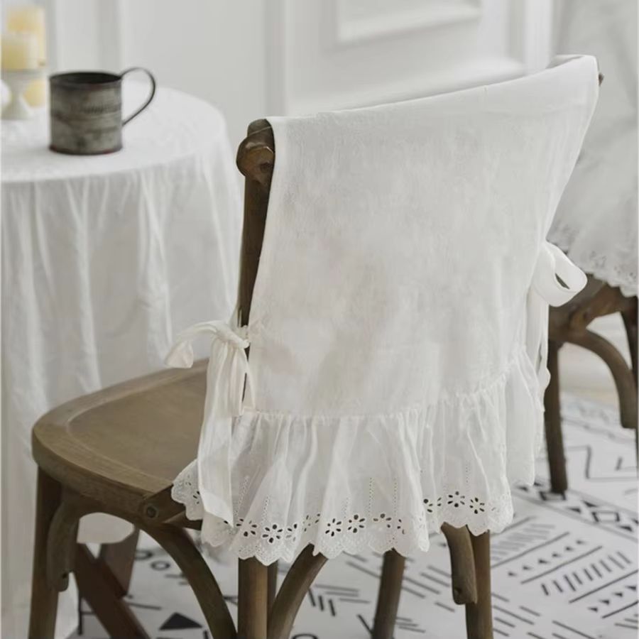 Elegant White Cotton Chair Back Cover – Embroidered Lace Flounced Household and Wedding Decoration