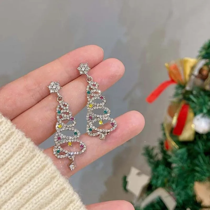 Colorful Shiny Hollow Tassel Christmas Tree Stud Earrings for Women