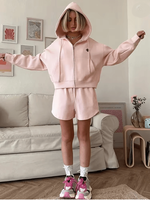 Cotton Oversized Pink Shorts Set for Women Two Piece Summer Lounge Outfit