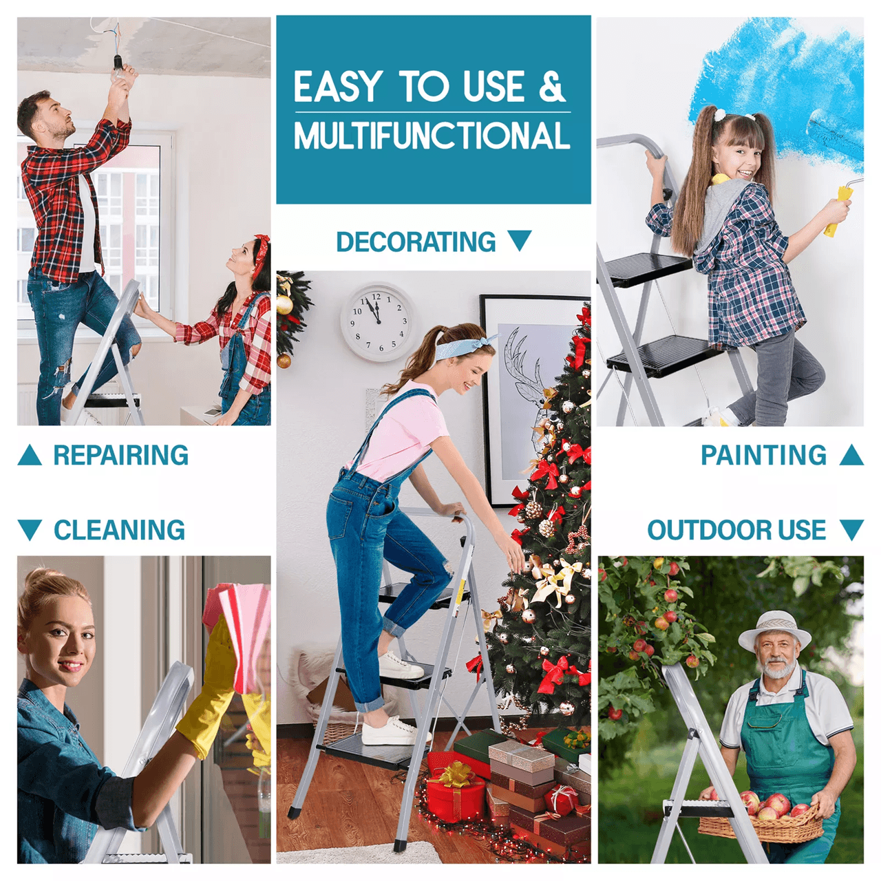 Three Step Folding Ladder with Handgrip and Wide Steps for Home Use