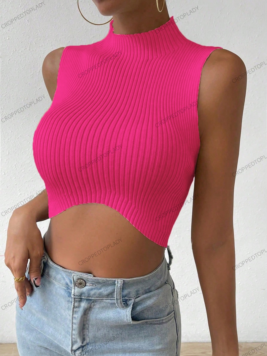 Sexy Knit Sleeveless Crop Top, Summer Spring Women Casual Curve Corset, Mock Neck Crossfit Femme Stretch Tank