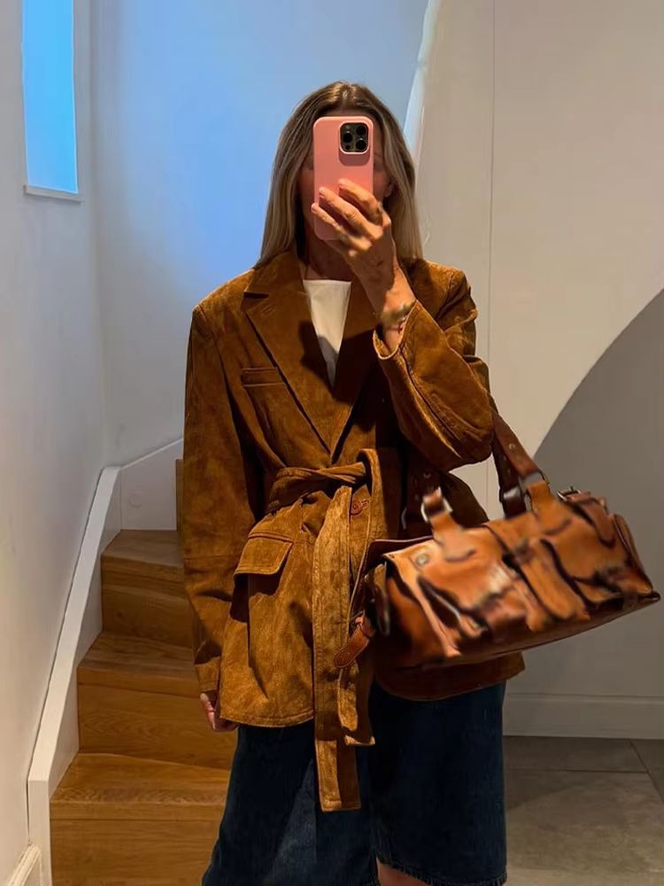 Elegant Women Casual Autumn Coat Lace Up Detail Turn Down Collar Jacket Long Sleeve Button Pocket Jacket