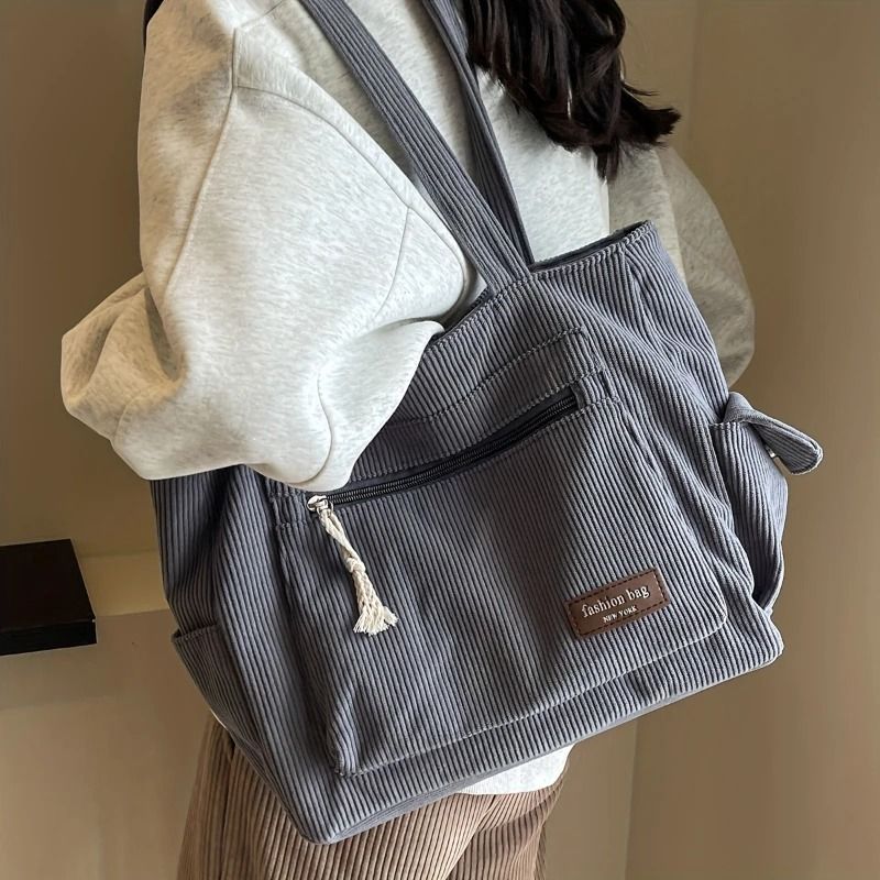 Simple Corduroy Retro Multi-Pocket Tote Bag