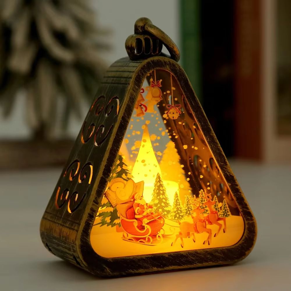 FestiveGlow LED Triangle Lantern – Santa & Snowman Christmas Table Lamp