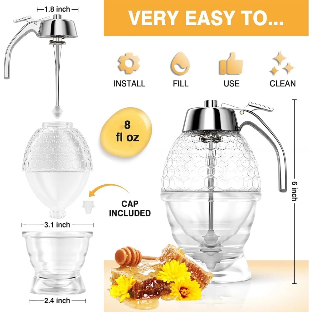 Drip Free Honey Dispenser & Maple Syrup Pitcher Elegant Honeycomb-Shaped Honey Jar with Stand for Clean Pouring