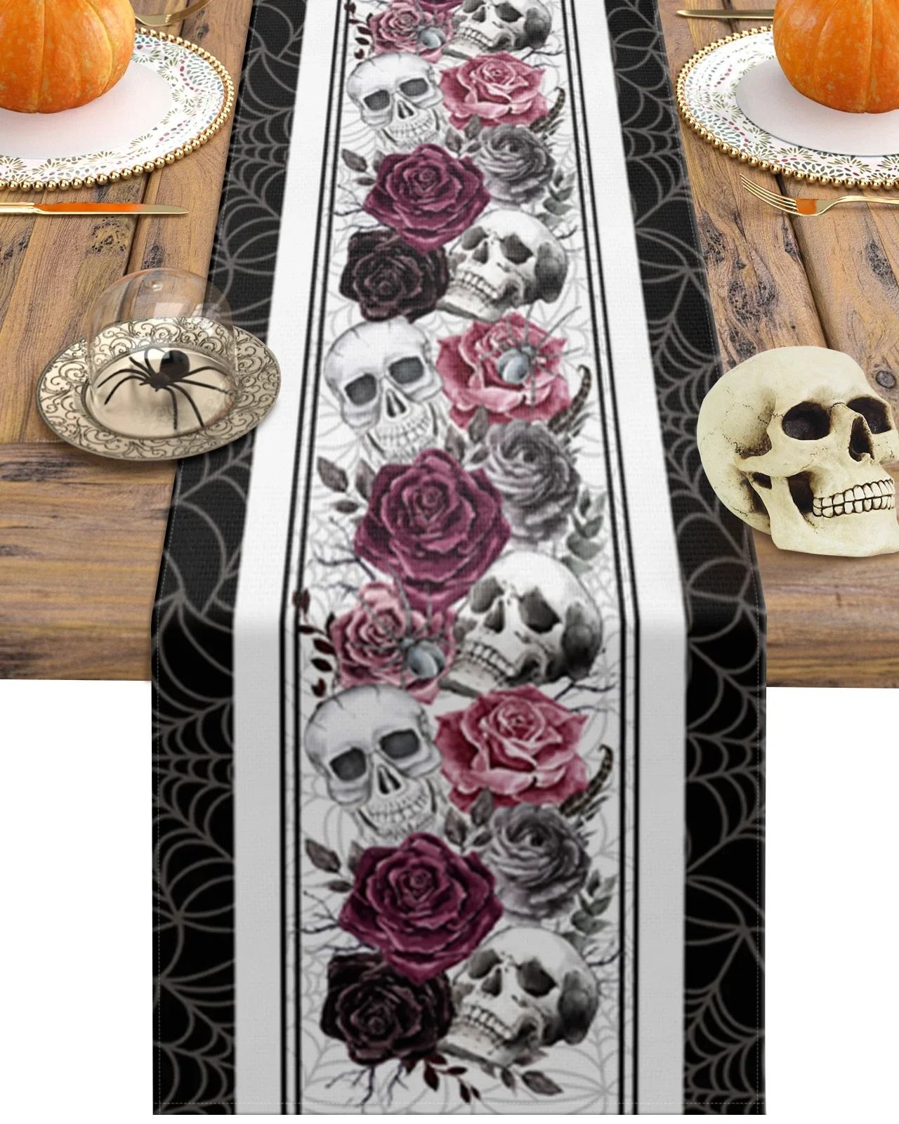 Halloween Skull Rose Crow Linen Table Runner Gothic Party Dining Table Decor