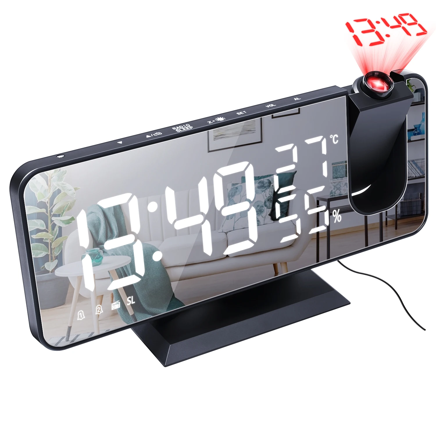 Electronic Desktop LED Alarm Clock with USB Wake Up, FM Radio, Time Projector, Snooze, and Dual Alarms for Table Use