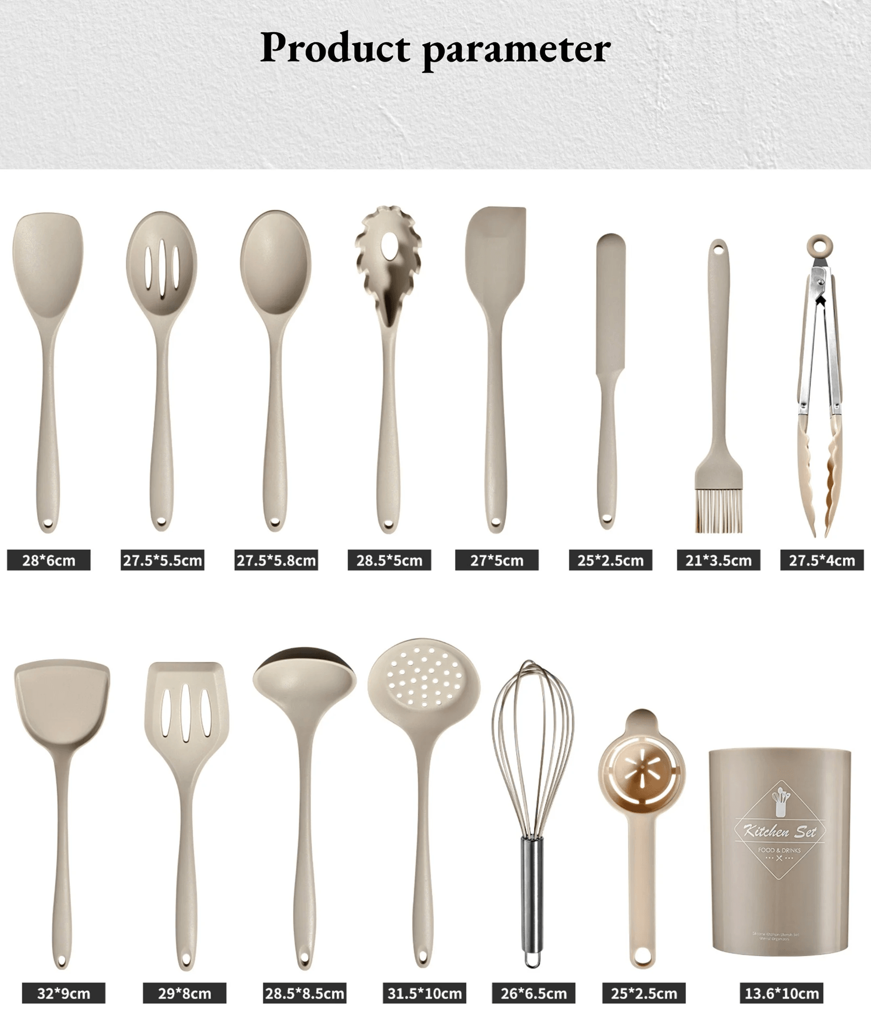 15 Piece Khaki Silicone Kitchen Utensils Set Non Stick Cooking Tools