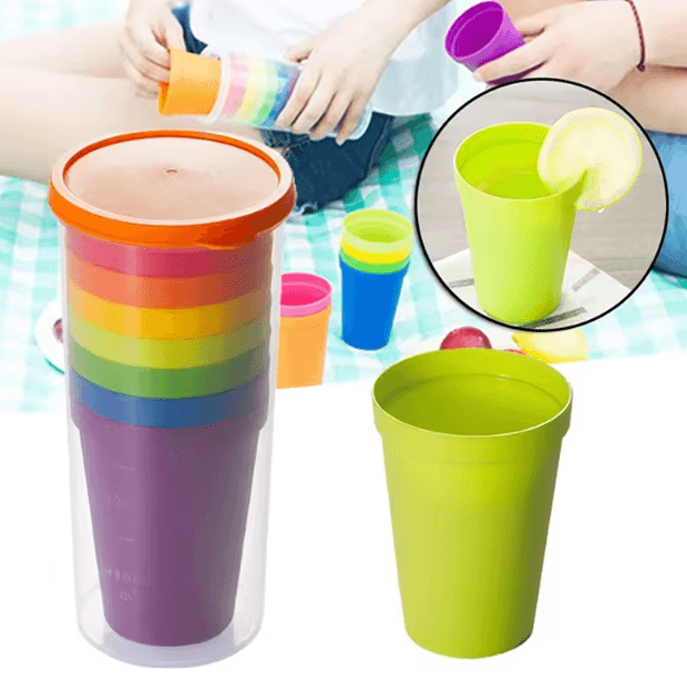 7PCS Rainbow Plastic Cups Set – Reusable Stackable Picnic & Kids Party Drink Cups