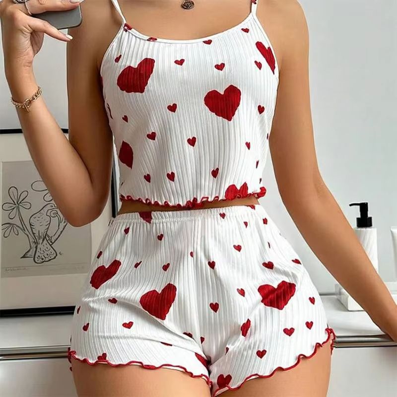 Women's 2 PCS Pajamas Set – Soft Short Tank Top and Shorts Sleepwear in White with Love Print