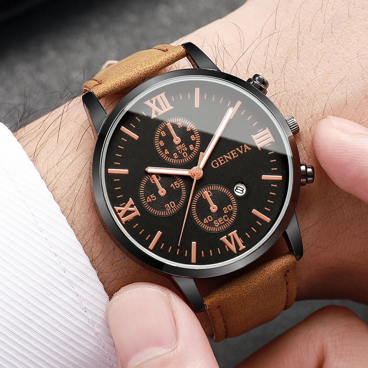 Men's Casual Leather Quartz Calendar Watch Set