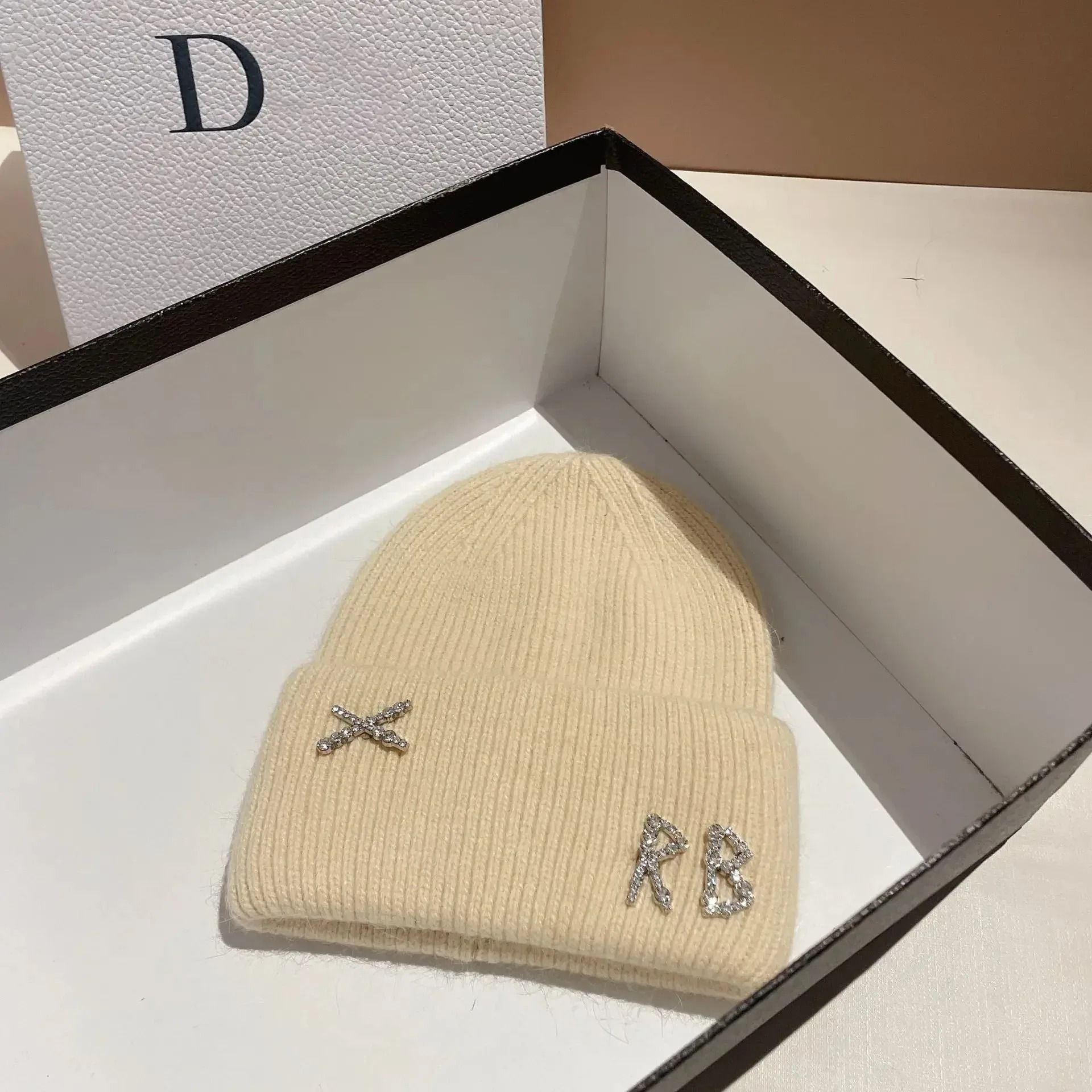Diamond-Embellished Rabbit Fur Blend Thermal Beanie