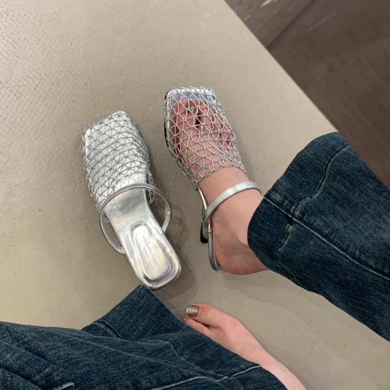 Women Mesh High Heel Sandals Square Toe Slingback Summer Pumps