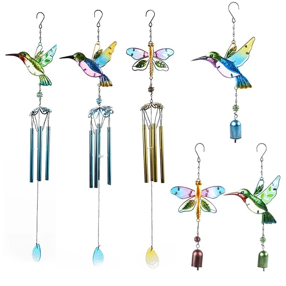 Hand-Painted Metal & Glass Wind Chime | Hummingbird & Dragonfly Courtyard Decor
