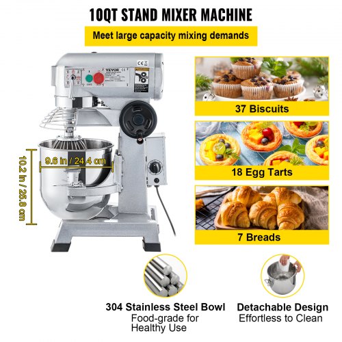 10Qt Commercial Mixer, 850W Heavy-Duty Stand Mixer with Stainless Steel Bowl, 3 Speeds & Dough Hook