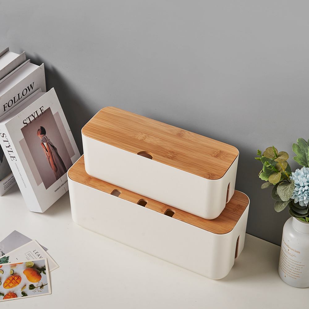 Bamboo Cable Management Box with Storage Desk Organizer for Wires and Power Strips