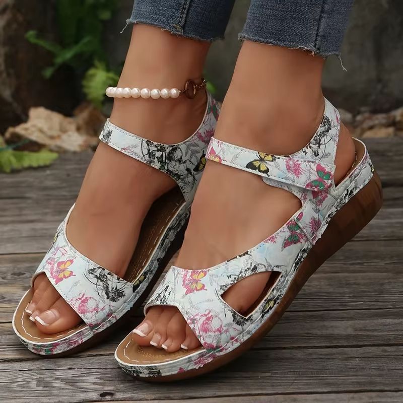 Vintage Print Wedge Sandals for Women – Non-Slip Summer Platform Shoes with Ankle Strap