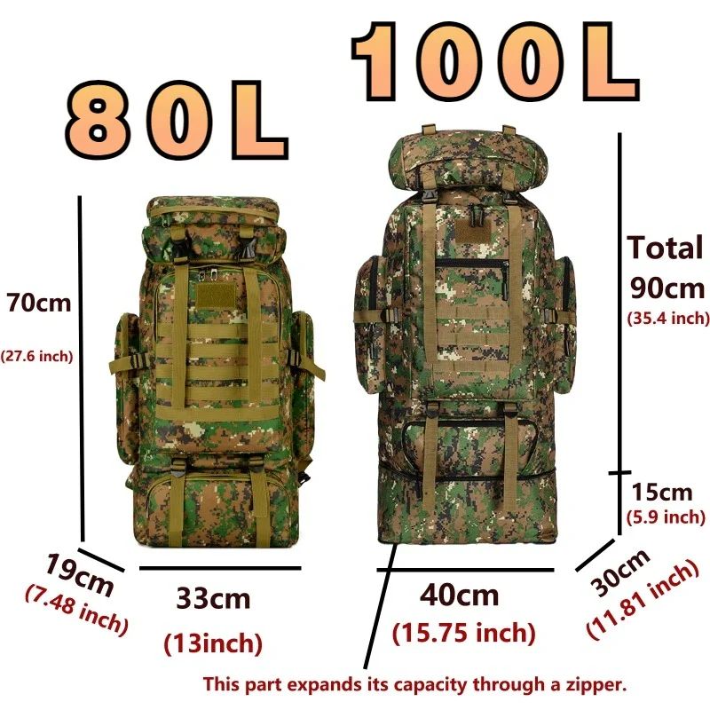 80L 100L mountaineering backpack Tactical Large Capacity Rucksack for Hiking, Camping, and Travel