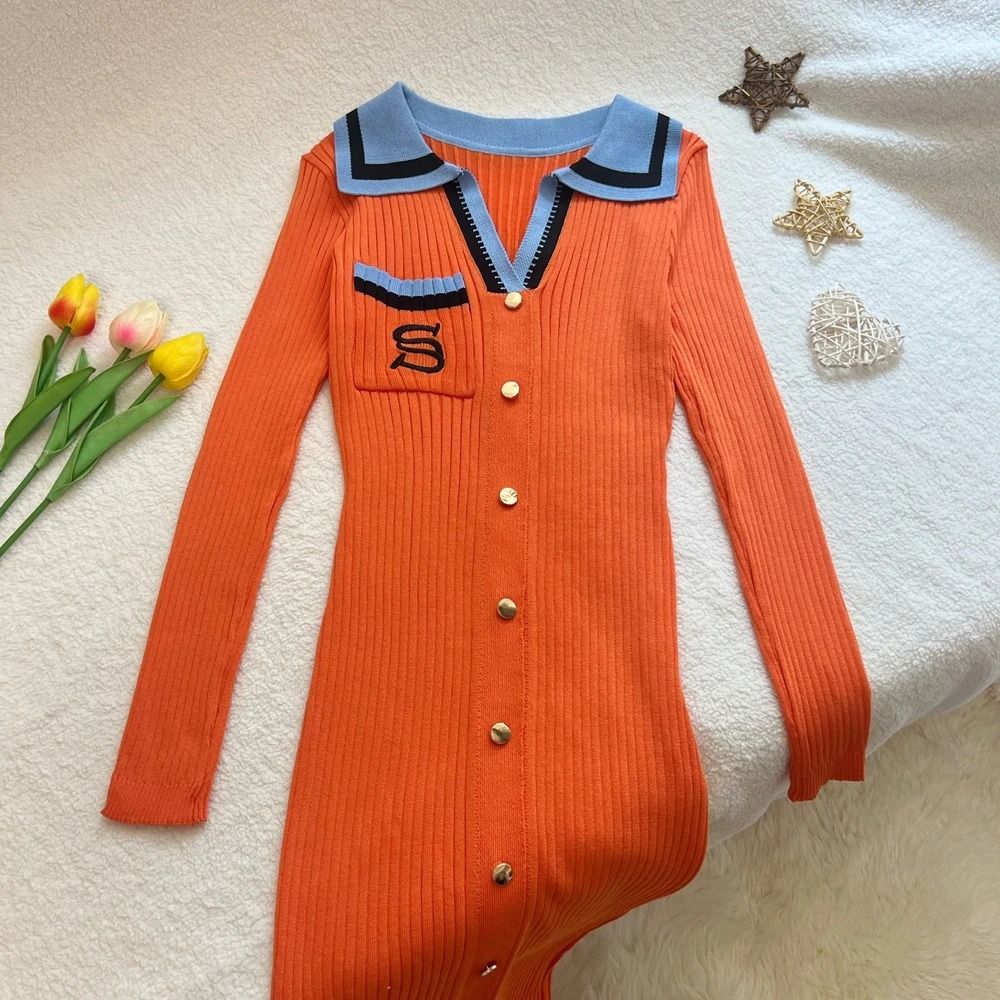YuooMuoo Women Autumn Winter Y2K Embroidery Slim Elastic Long Sweater Dress Elegant Office Vestido