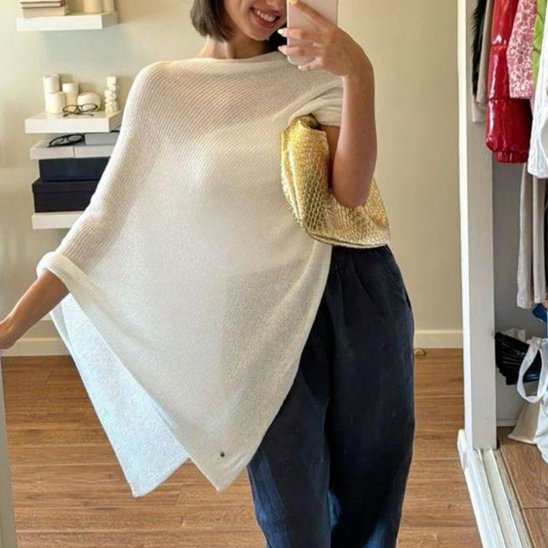 Summer Beach Tops, Women Knitwear Bikini Cover-up, Off Shoulder Irregular Triangle Hem Loose Pullover