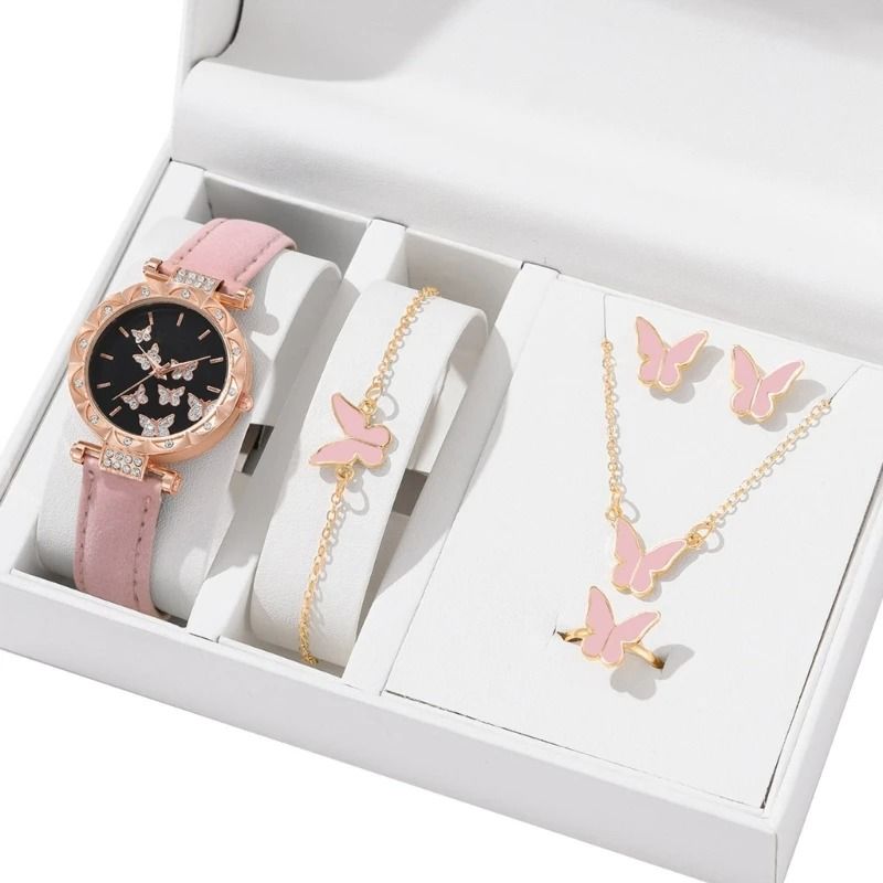 Butterfly Jewelry Set Fashion Women's Quartz Watch, Leather Band, Necklace, Earrings, Bracelet, and Adjustable Ring