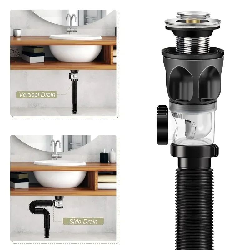 Retractable Flip-Top Sink Drain with Deodorizing Filter, Flexible Downspout for Bathroom & Kitchen, Anti-Clogging Design