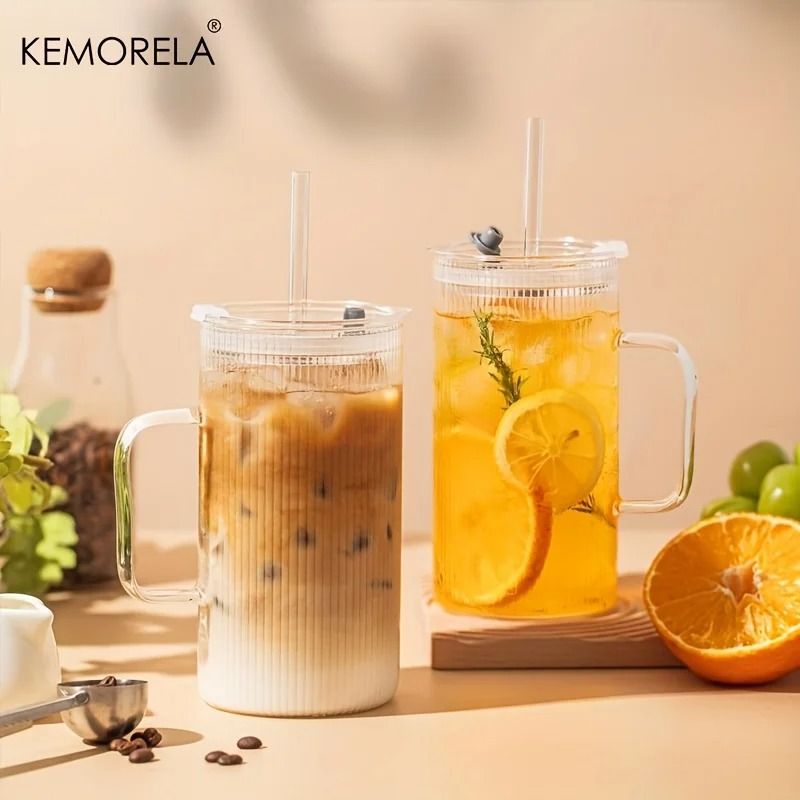 740ML Large Ribbed Glass Tumbler – High-Performance Clear Drinking Cup with Handle & Lid Set
