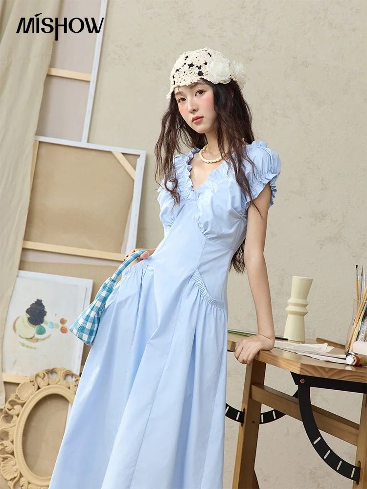 MISHOW V-Neck Puff Sleeve Dress | Premium 100% Cotton Slim Midi Dress & Professional 2025 Summer Office Outwear