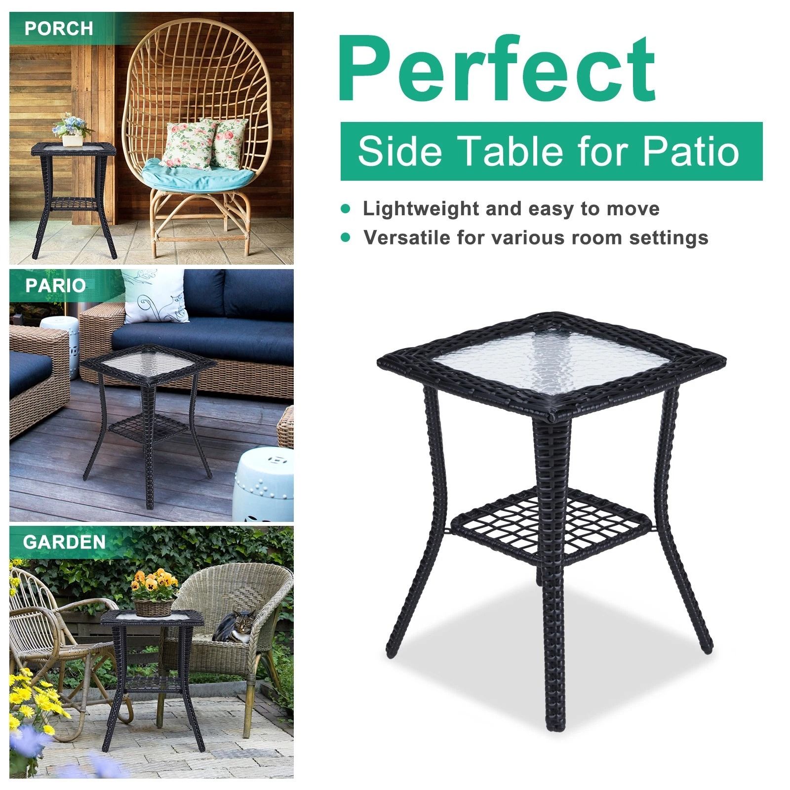 Coffee Bistro Table, Outdoor Wicker Side Table, Patio Rattan End Table with Glass Top