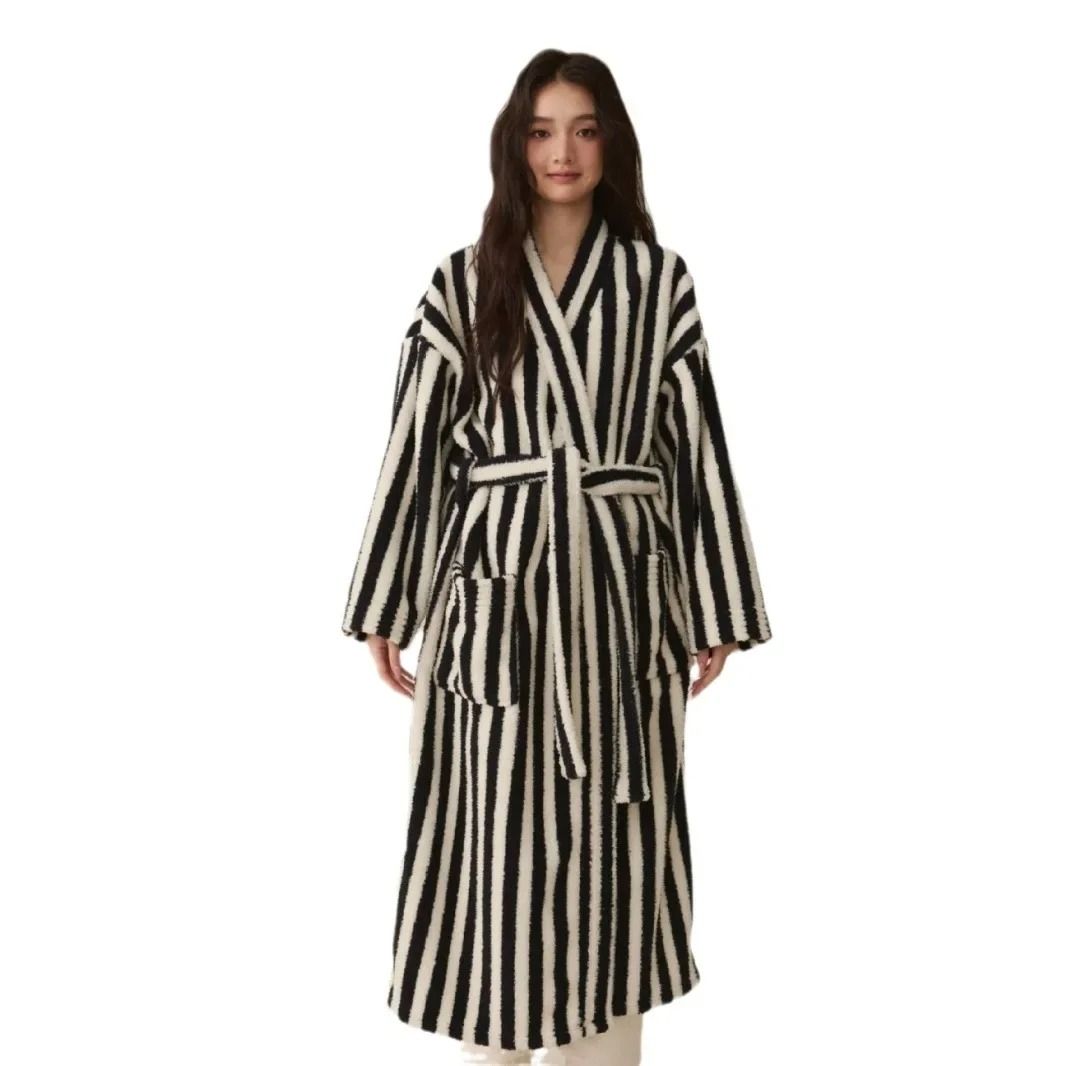 Thickened Flannel Robe & Pants Pajamas Set – Professional Autumn/Winter Striped Couples Home Clothes