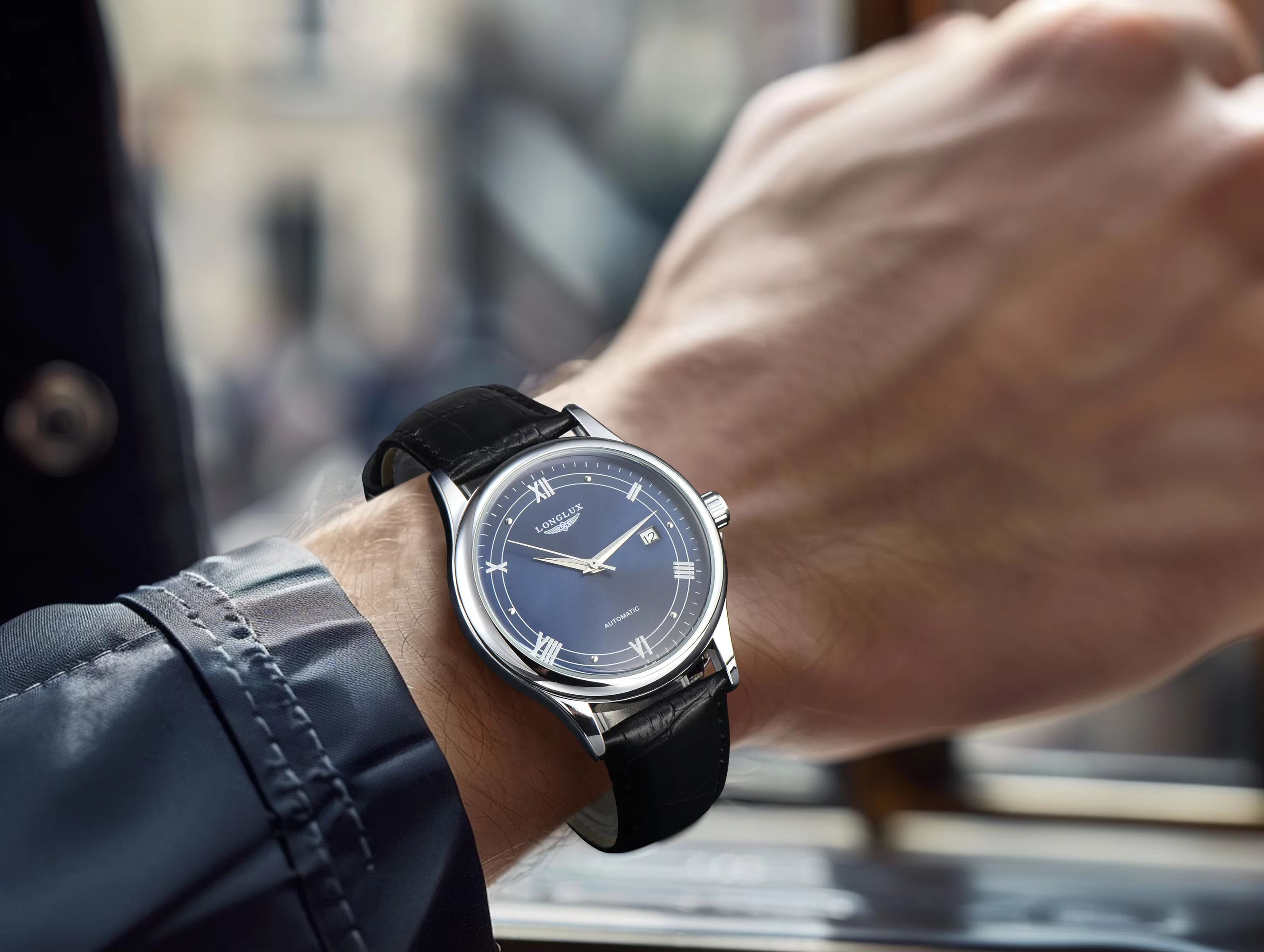 LONGLUX Automatic Mechanical Men's Watch Classic Leather Strap Watch with Date Display