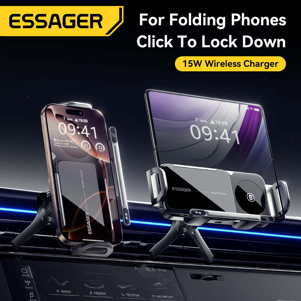 Essager Fold Screen Car Wireless Charger, Dual Coil Fast Charging Rotatable Phone Holder for Samsung Galaxy