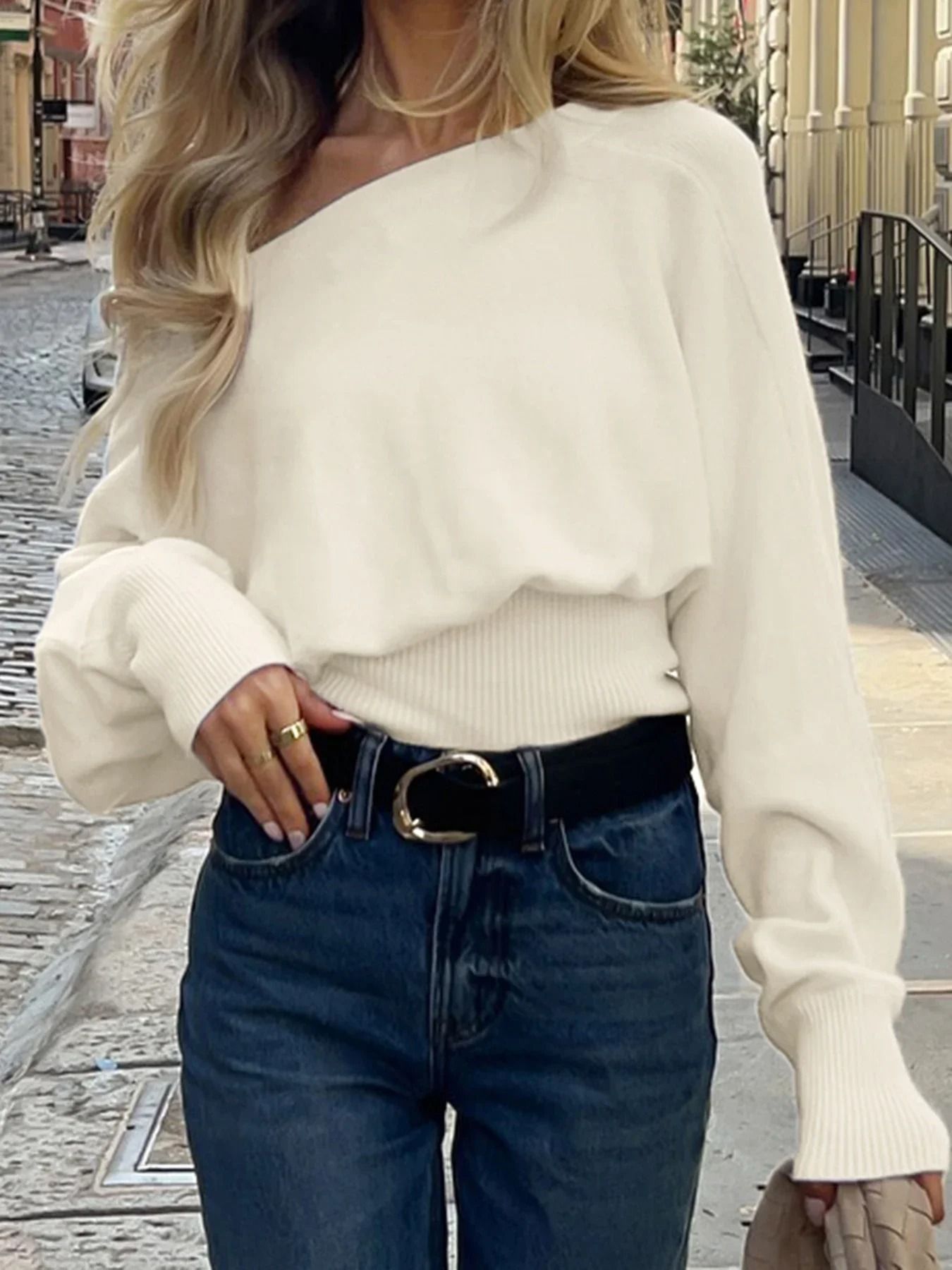 Womens Solid Off-Shoulder Knit Sweater – Elegant Slash Neck Loose Pullover for Autumn & Winter