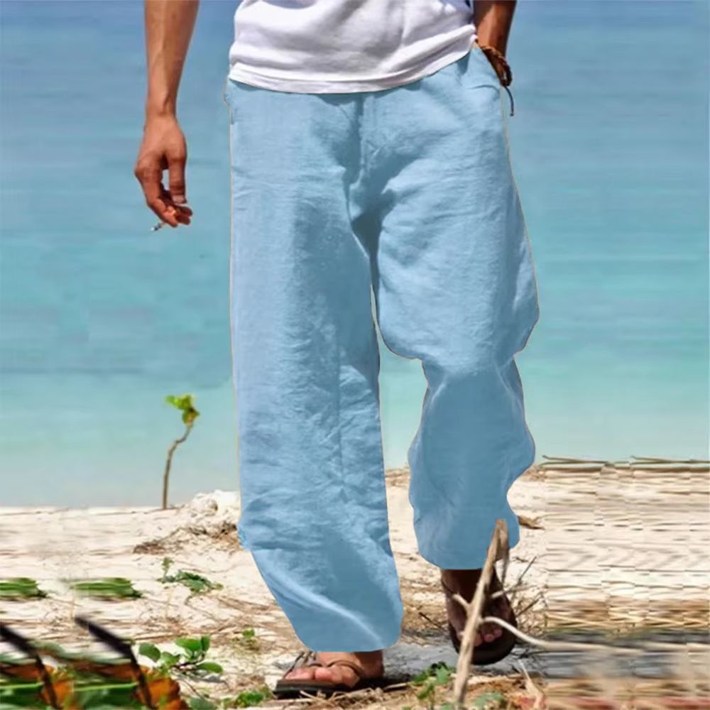 Breathable mens beach pants in Cotton-Linen - Loose Straight Summer Trousers