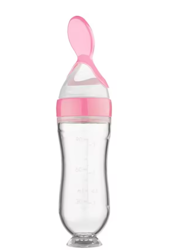 Squeeze Spoon Milk Feeding Bottle Cup, Safe Silicone Baby Bottle with Spoon, Rice Cereal Food Supplement Bottle