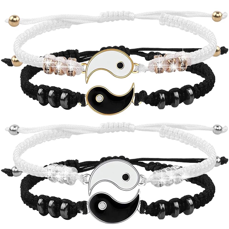 Bracelet Set Black White Rope Adjustable Chain Bangle for Couples Men Women Daily Fashion Jewelry