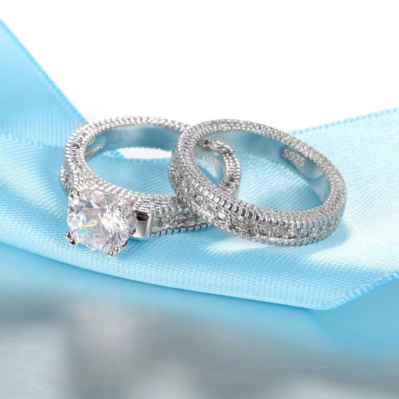 Elegant 925 Silver Wedding Engagement Couple Rings Set