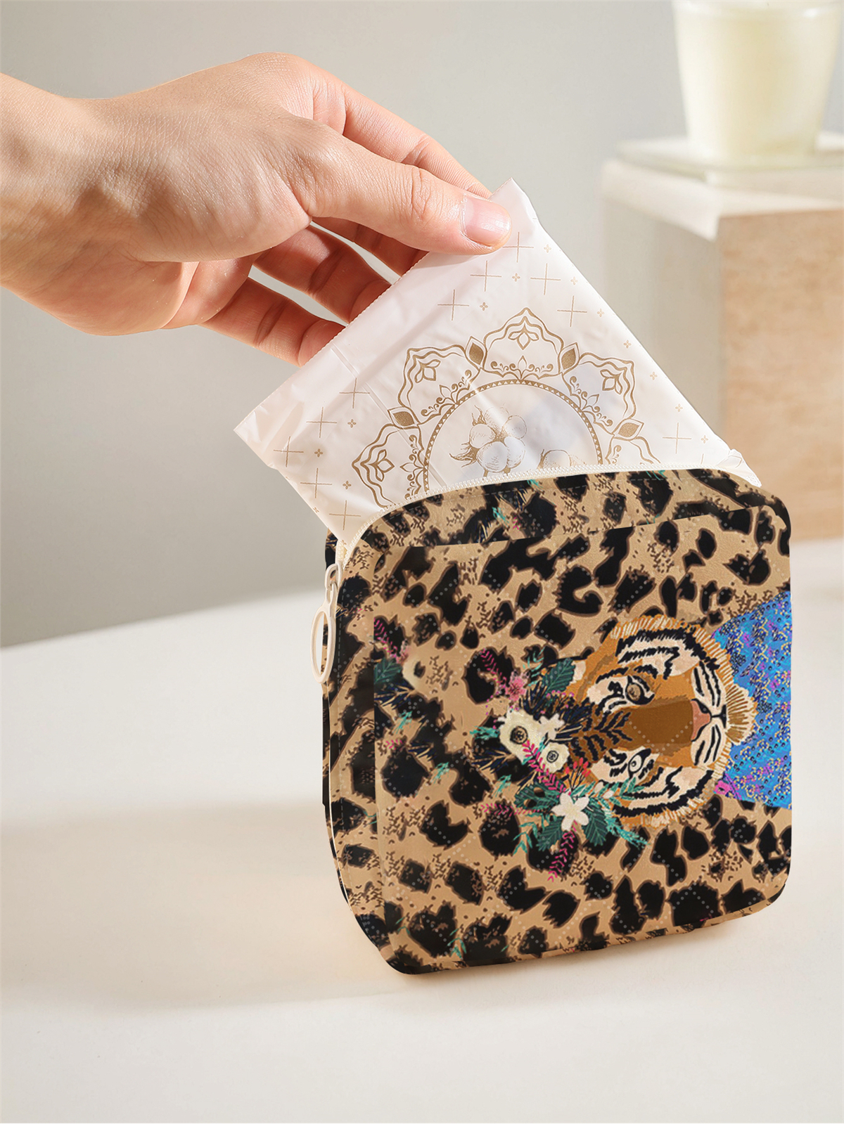 Tiger Print Portable Period Pouch Discreet Sanitary Napkin Storage Bag