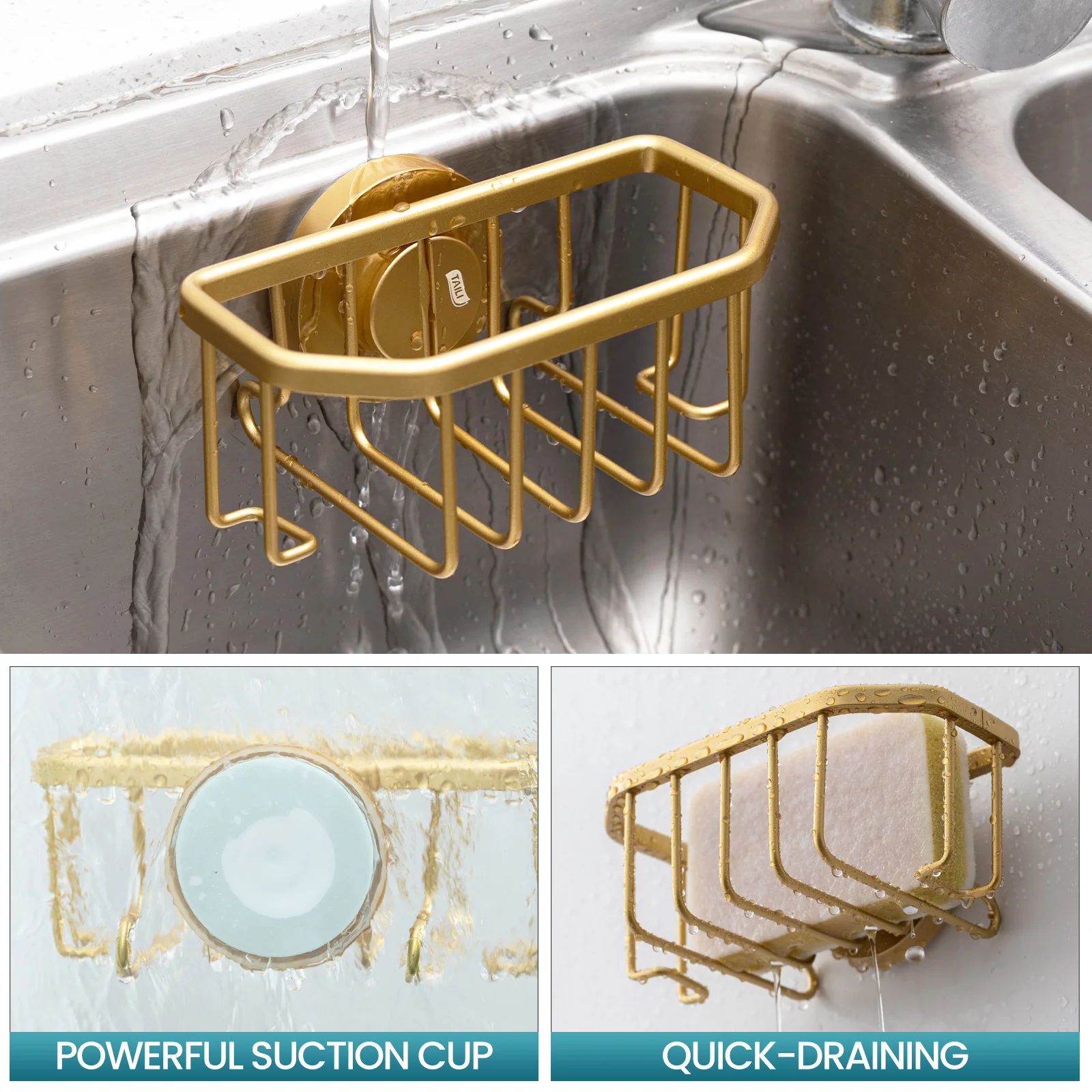 TAILI Gold Sponge Holder for Kitchen Sink – Rustproof Aluminum Suction Sink Caddy