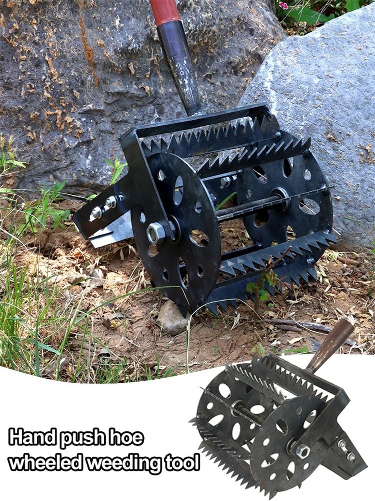 Hand Push Wheeled Weeder with Saw Tooth Manganese Steel Blade