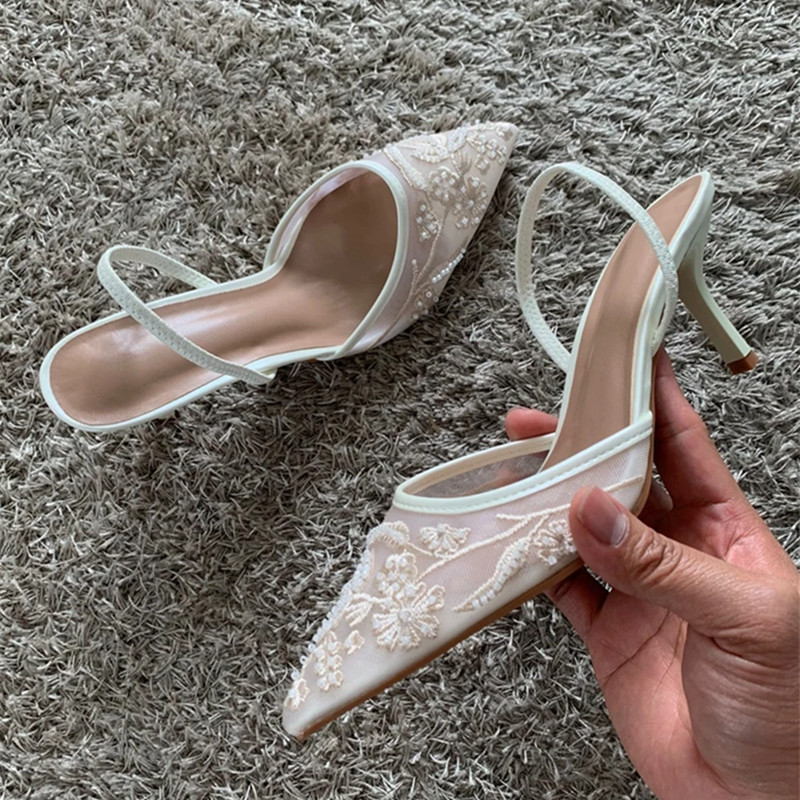 Summer Elegant Black Mesh Embroidery Women Pumps, Sexy Pointed Toe String Bead Designer High Heels for Party and Evening