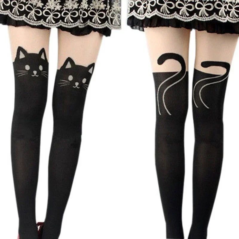 Women Cute Black Cat Printed Knee High Socks Warm, Soft, Over the Knee Romantic Cat Themed Socks